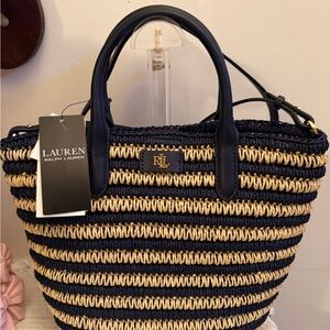 Lauren Ralph Lauren Navy & Natural Striped Straw Tote with RL Plaque